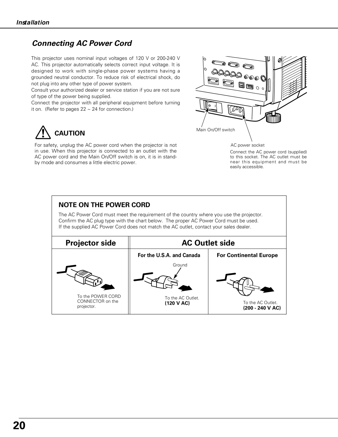 Christie Digital Systems LX66A Connecting AC Power Cord, For Continental Europe, For the U.S.A. and Canada, 200 240 V AC 