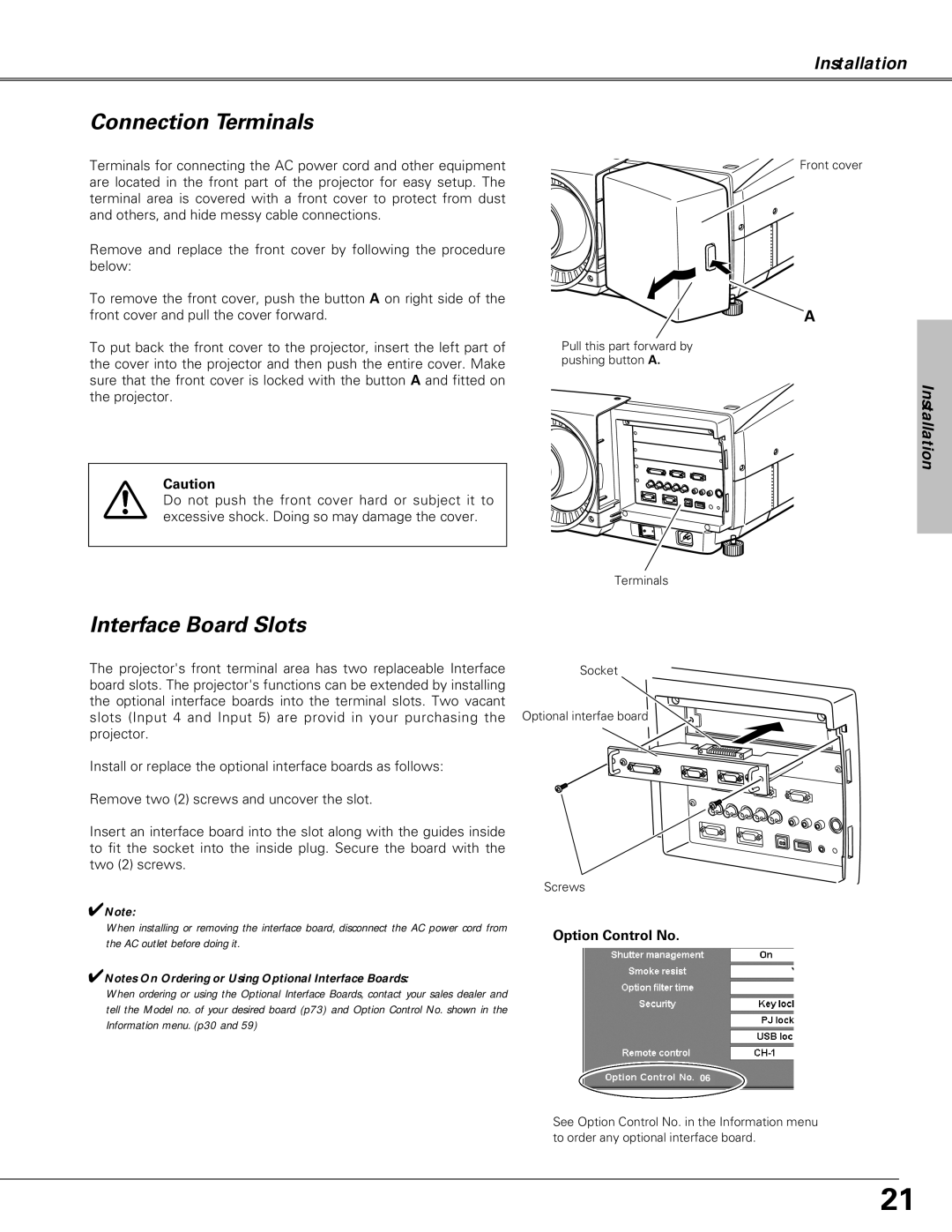 Christie Digital Systems LX66A user manual Connection Terminals, Interface Board Slots, Option Control No 