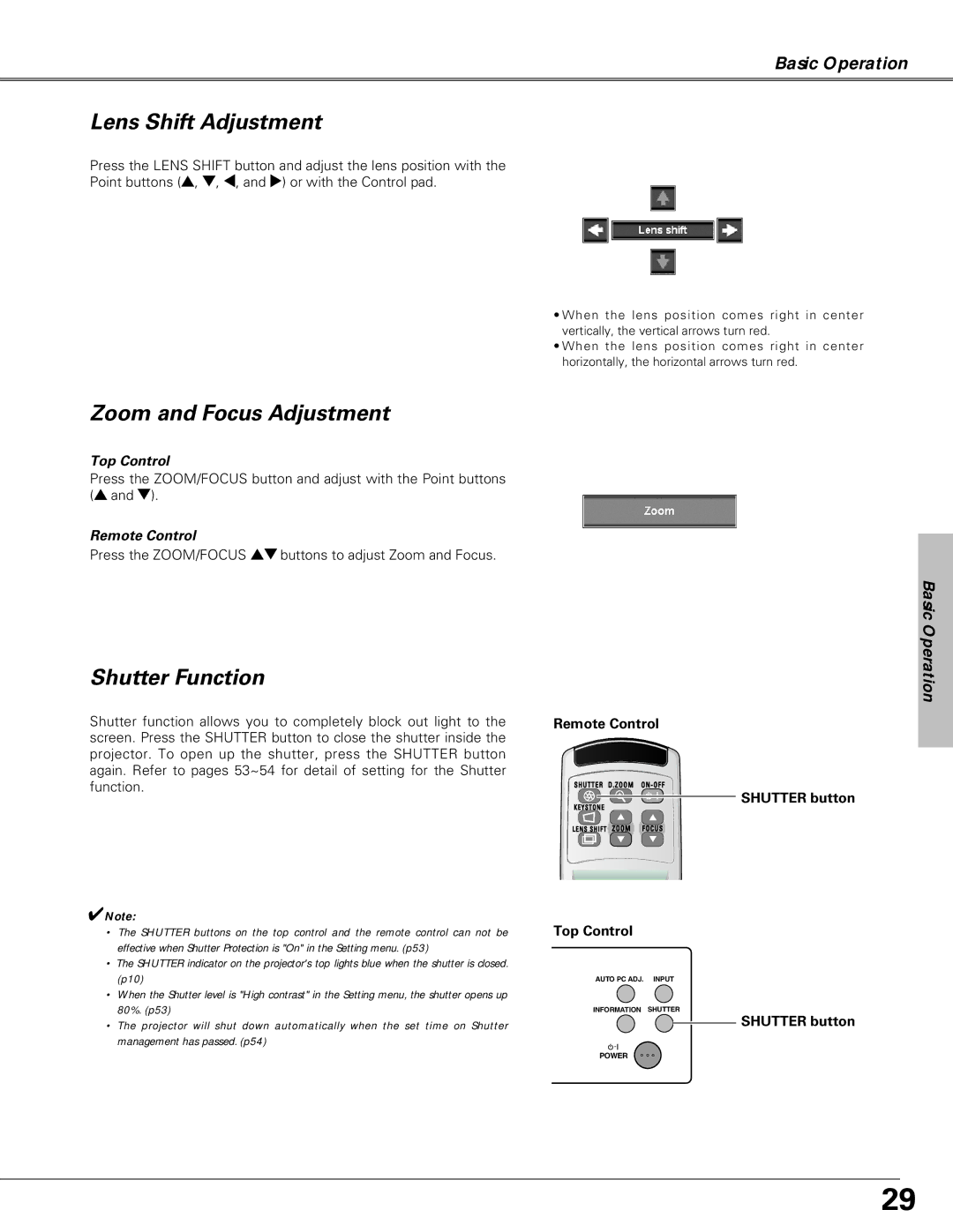 Christie Digital Systems LX66A user manual Zoom and Focus Adjustment, Shutter Function, Top Control, Remote Control 