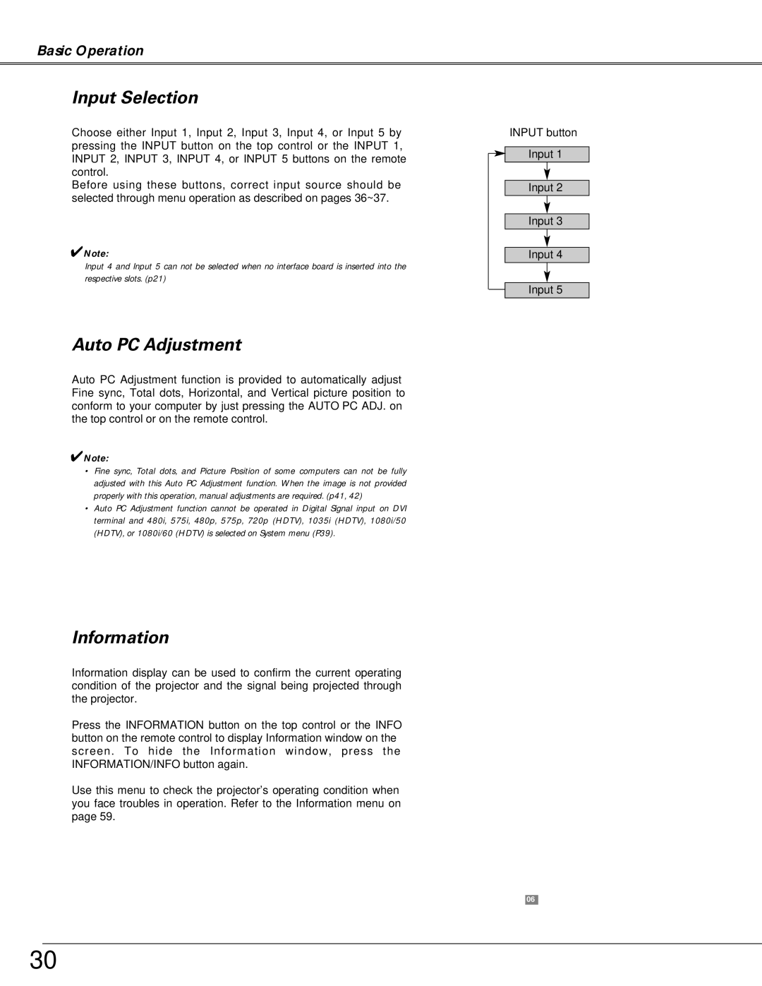 Christie Digital Systems LX66A user manual Input Selection, Auto PC Adjustment, Information 