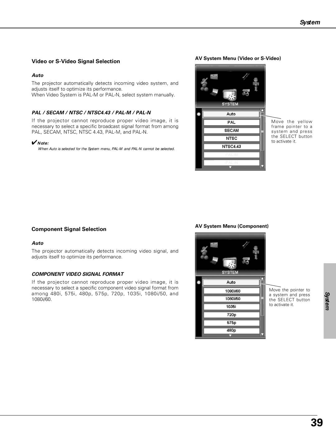 Christie Digital Systems LX66A Video or S-Video Signal Selection, Component Signal Selection, AV System Menu Component 