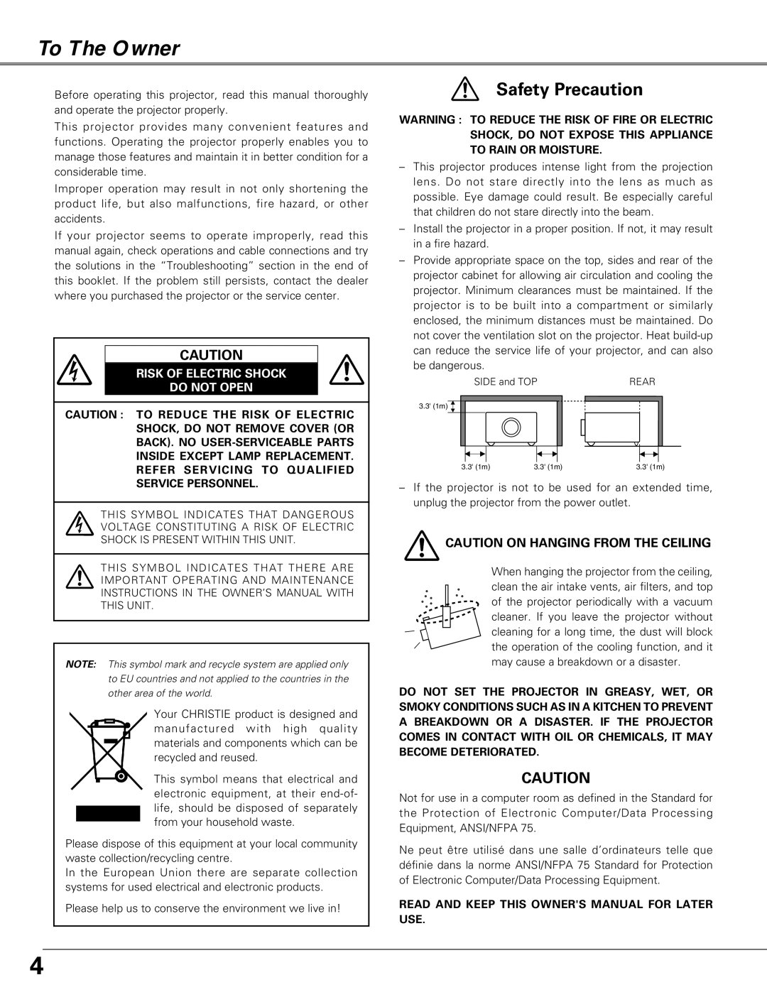 Christie Digital Systems LX66A user manual To The Owner, Risk of Electric Shock Do not Open 