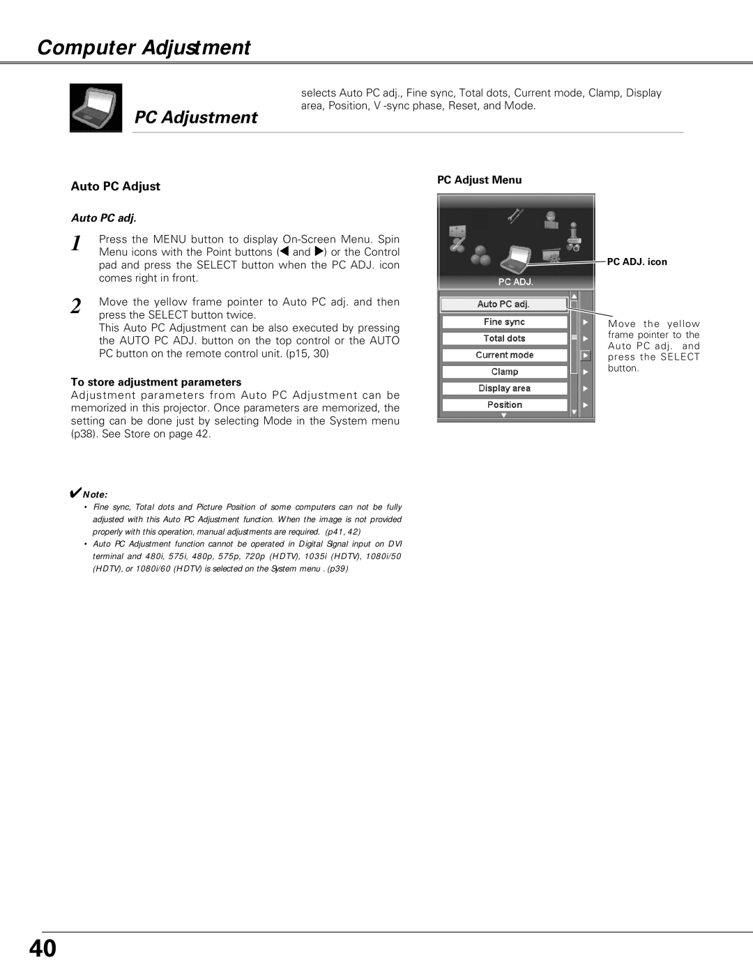 Christie Digital Systems LX66A user manual Computer Adjustment, PC Adjustment, Auto PC Adjust, Auto PC adj 