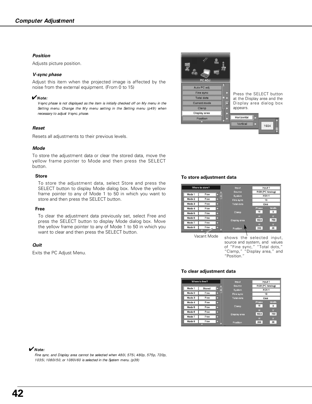 Christie Digital Systems LX66A user manual Position, Sync phase, Reset, Mode, Quit 