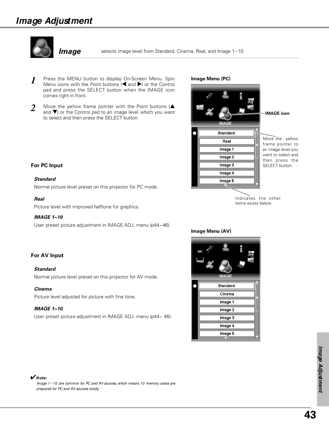 Christie Digital Systems LX66A user manual Image Adjustment, For PC Input, For AV Input 