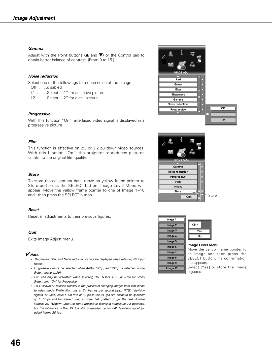 Christie Digital Systems LX66A user manual Gamma, Noise reduction, Progressive, Film, Store 