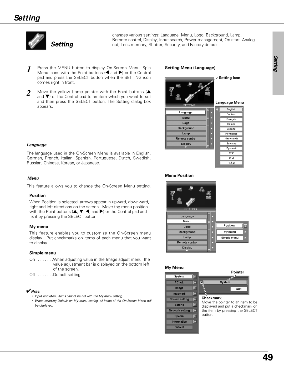 Christie Digital Systems LX66A user manual Setting, Language, Menu 