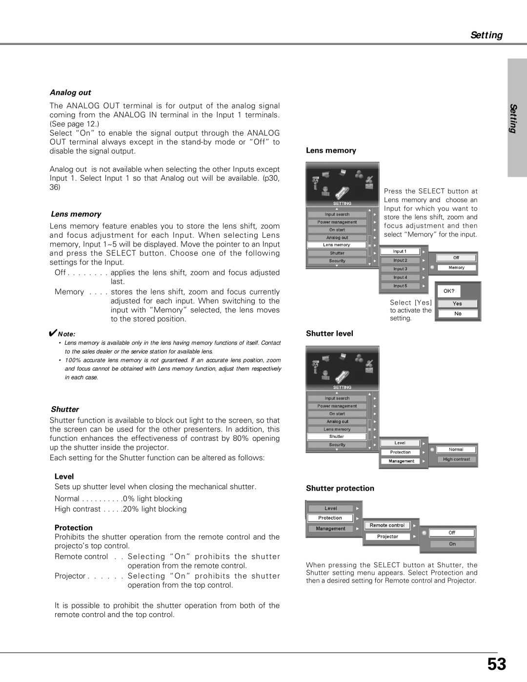 Christie Digital Systems LX66A user manual Analog out, Lens memory, Shutter 