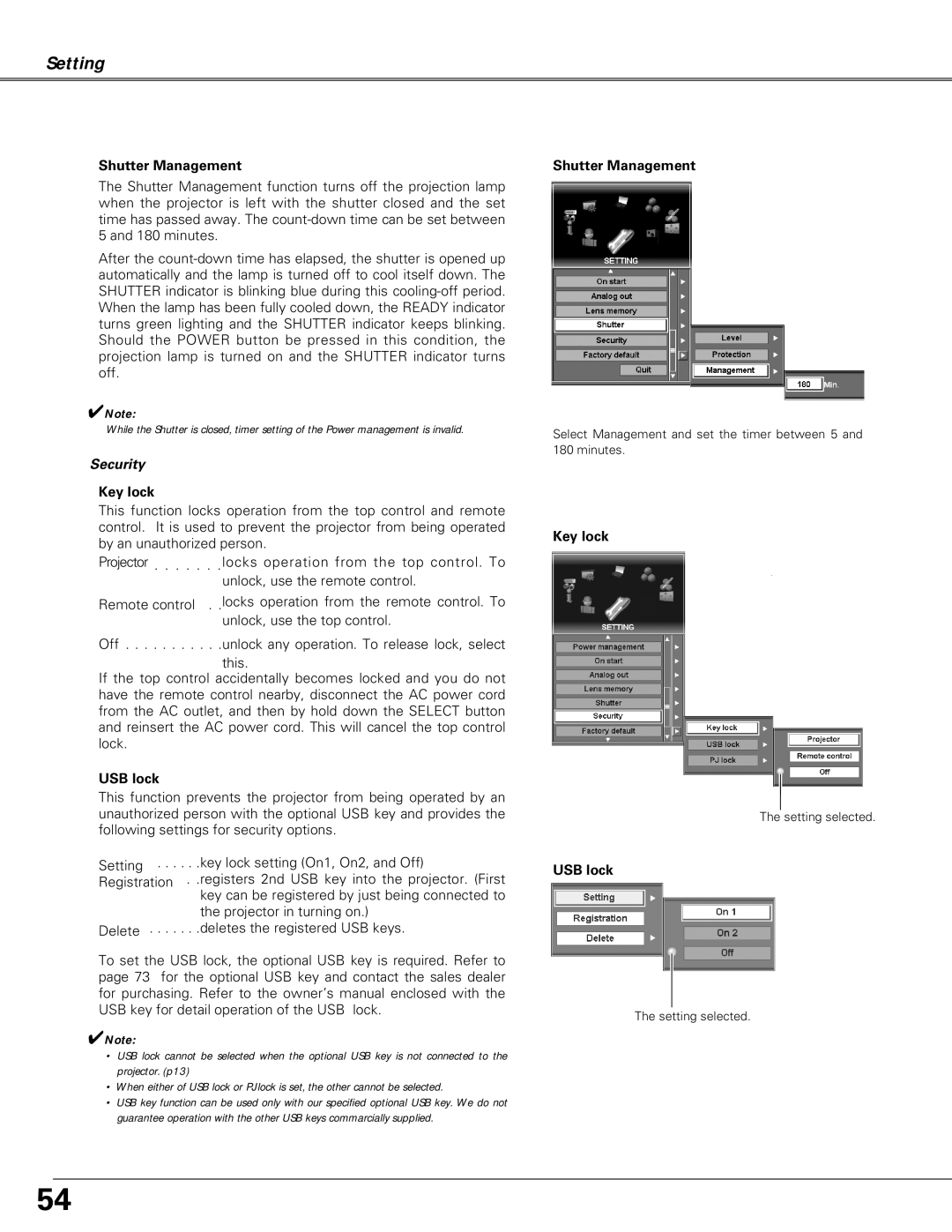 Christie Digital Systems LX66A user manual Shutter Management, Security, Key lock, USB lock 