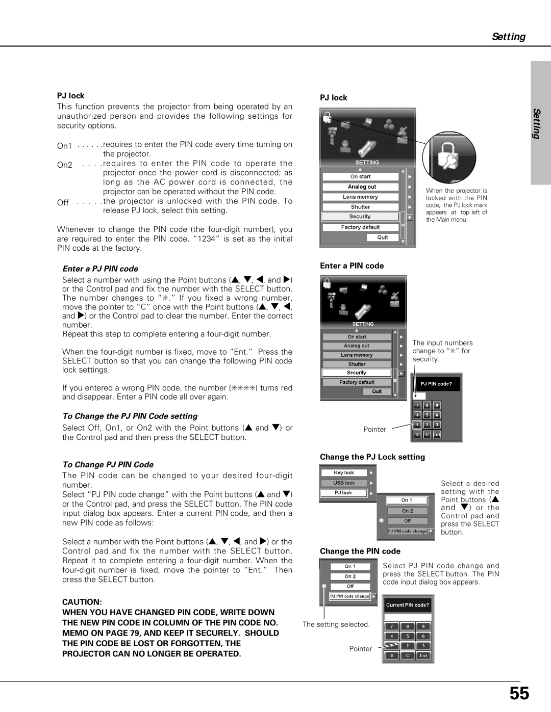 Christie Digital Systems LX66A user manual To Change the PJ PIN Code setting, To Change PJ PIN Code 