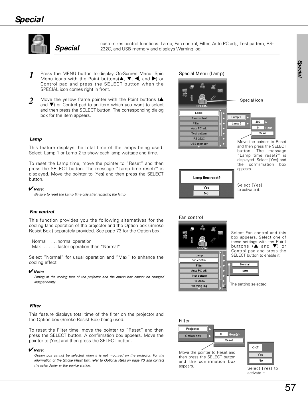 Christie Digital Systems LX66A user manual Special, Fan control, Filter 