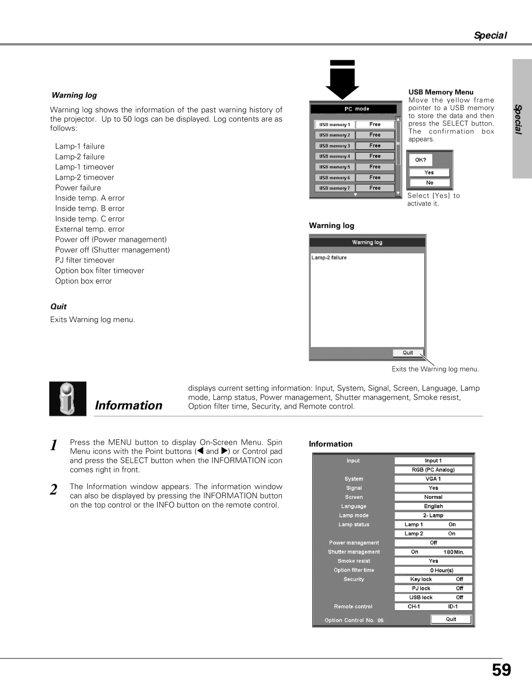 Christie Digital Systems LX66A user manual Exits Warning log menu, Information 