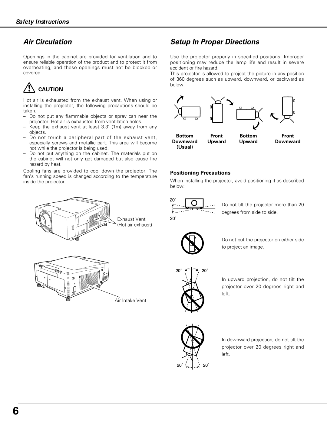 Christie Digital Systems LX66A user manual Air Circulation, Setup In Proper Directions, Positioning Precautions 