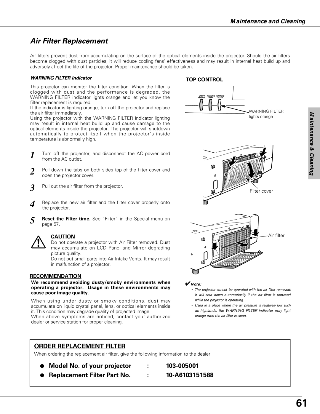 Christie Digital Systems LX66A user manual Air Filter Replacement, Filter cover Air filter 