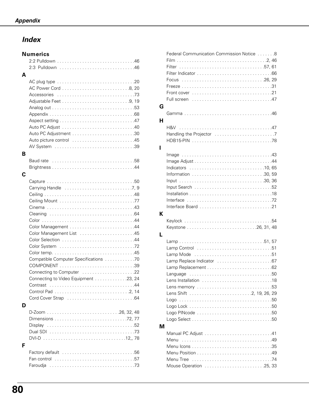 Christie Digital Systems LX66A user manual Index, Numerics 