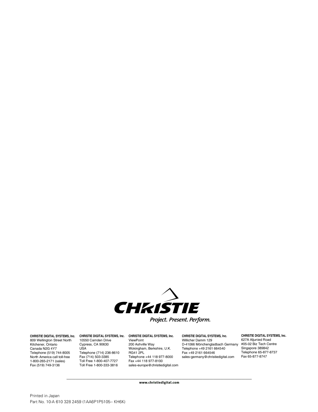 Christie Digital Systems LX66A user manual Part No -A 610 328 2459 1AA6P1P5105-- KH6K 