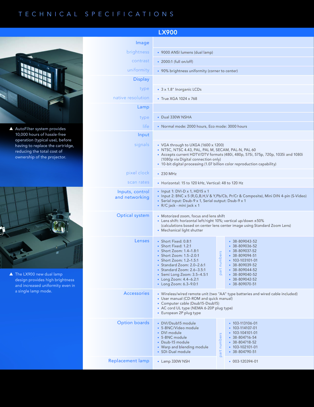 Christie Digital Systems LX900 manual Brightness, Contrast, Uniformity, Type, Native resolution, Life, Signals, Pixel clock 