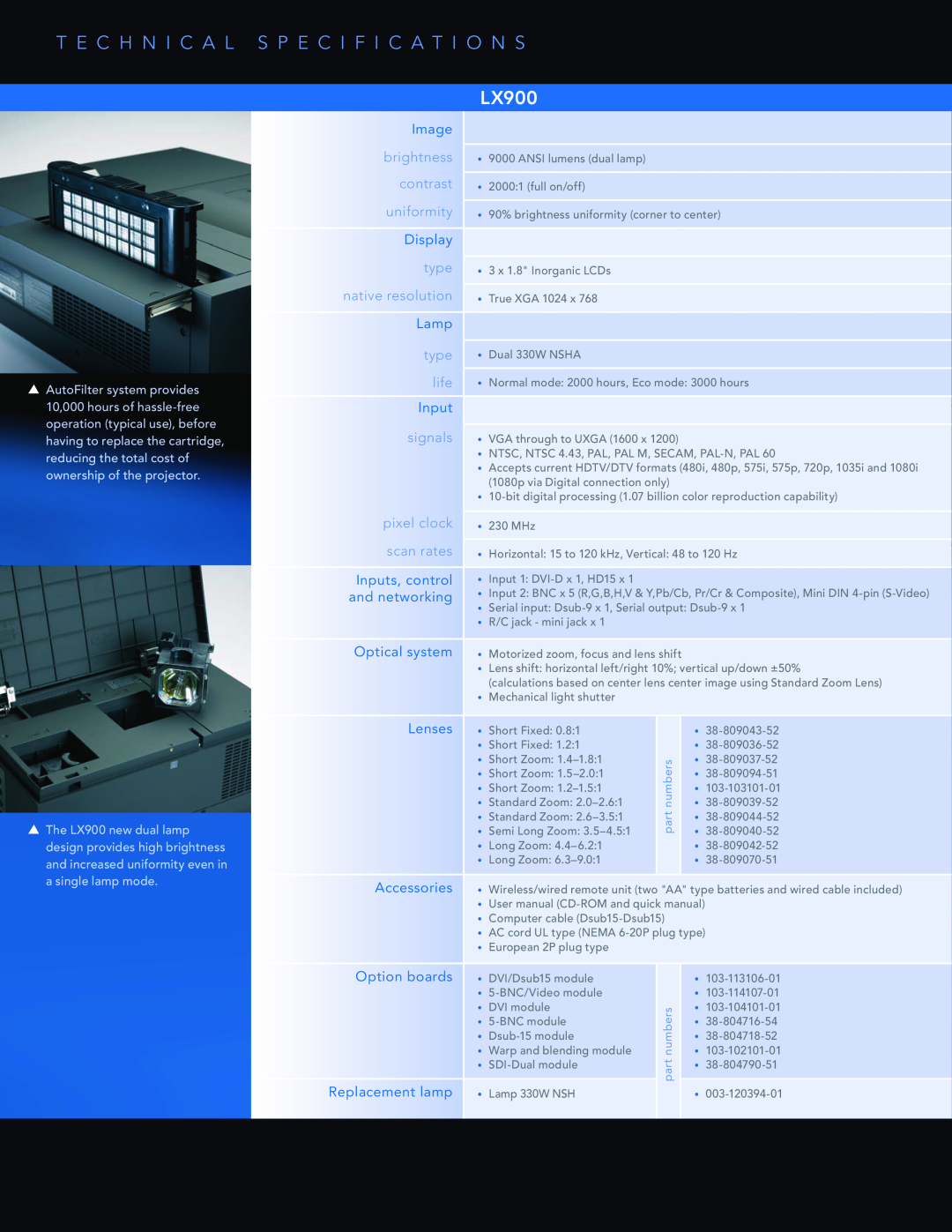 Christie Digital Systems LX900 Image, Display, Lamp, Inputs, control, and networking, Optical system, Lenses, contrast 