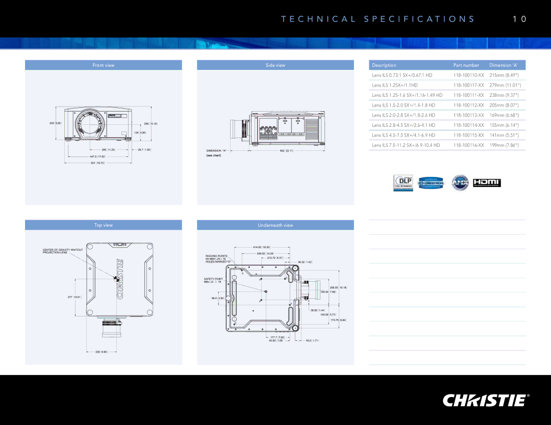 Christie Digital Systems M Series manual Front view Side view Description Part number Dimension ‘A’, Top view 