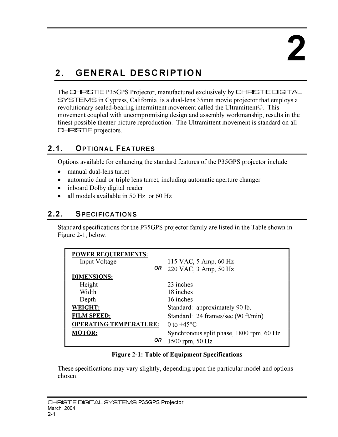 Christie Digital Systems P35GPS-MT, P35GPS-AT operating instructions General Description, Table of Equipment Specifications 