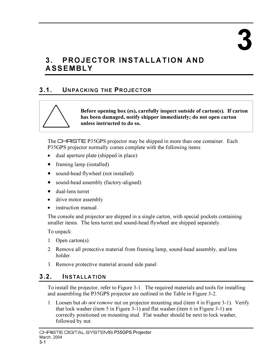 Christie Digital Systems P35GPS-MT, P35GPS-AT operating instructions Projector Installation and Assembly 