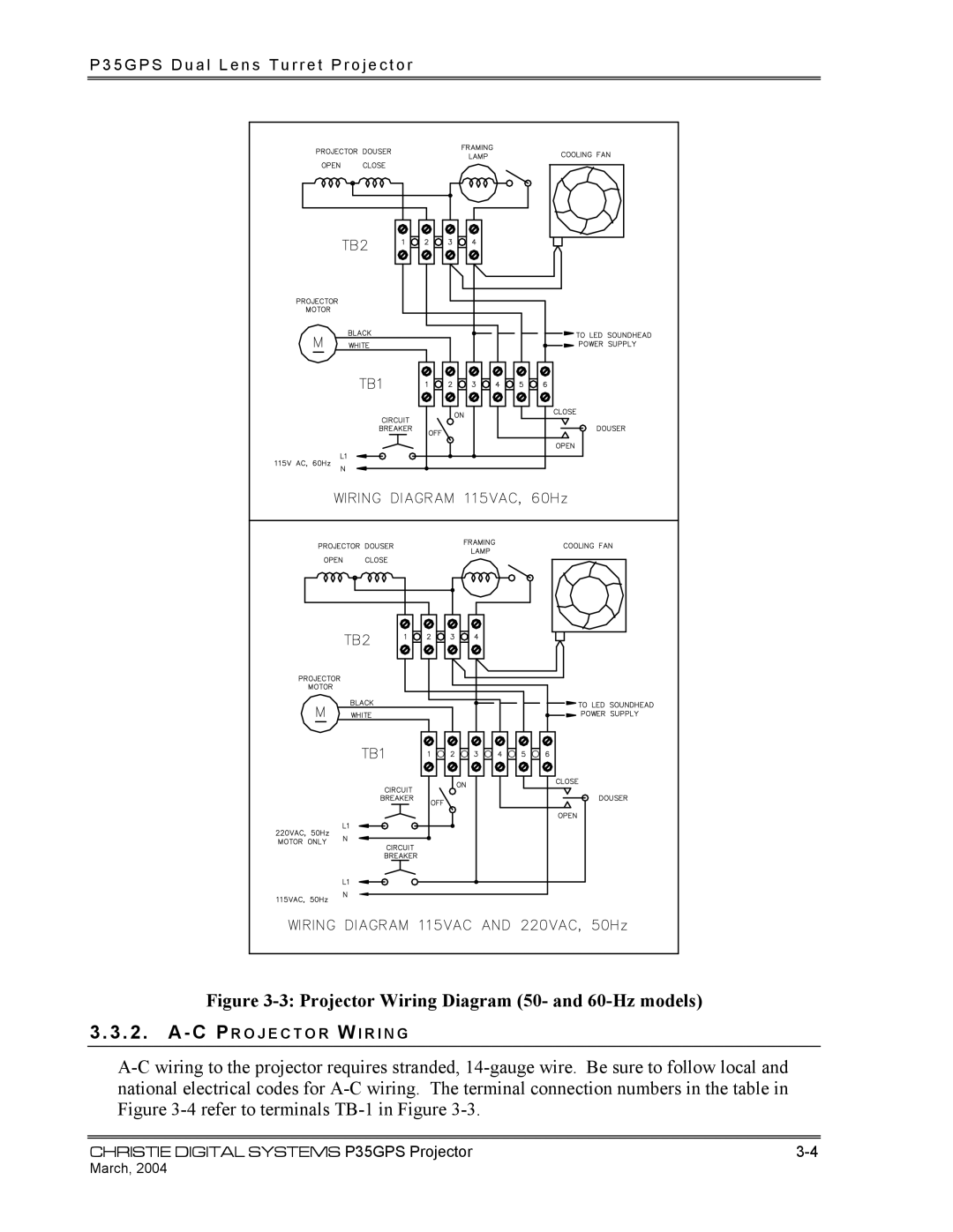 Christie Digital Systems P35GPS-AT, P35GPS-MT operating instructions Projector Wiring Diagram 50- and 60-Hz models 