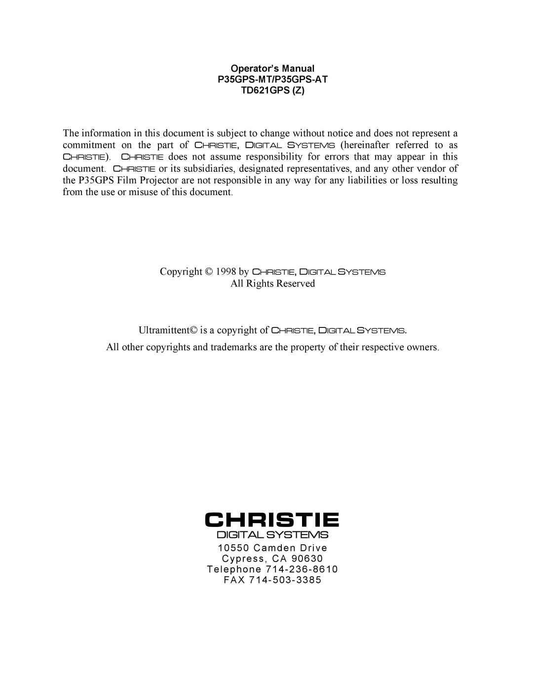 Christie Digital Systems P35GPS-MT, P35GPS-AT operating instructions Christie 