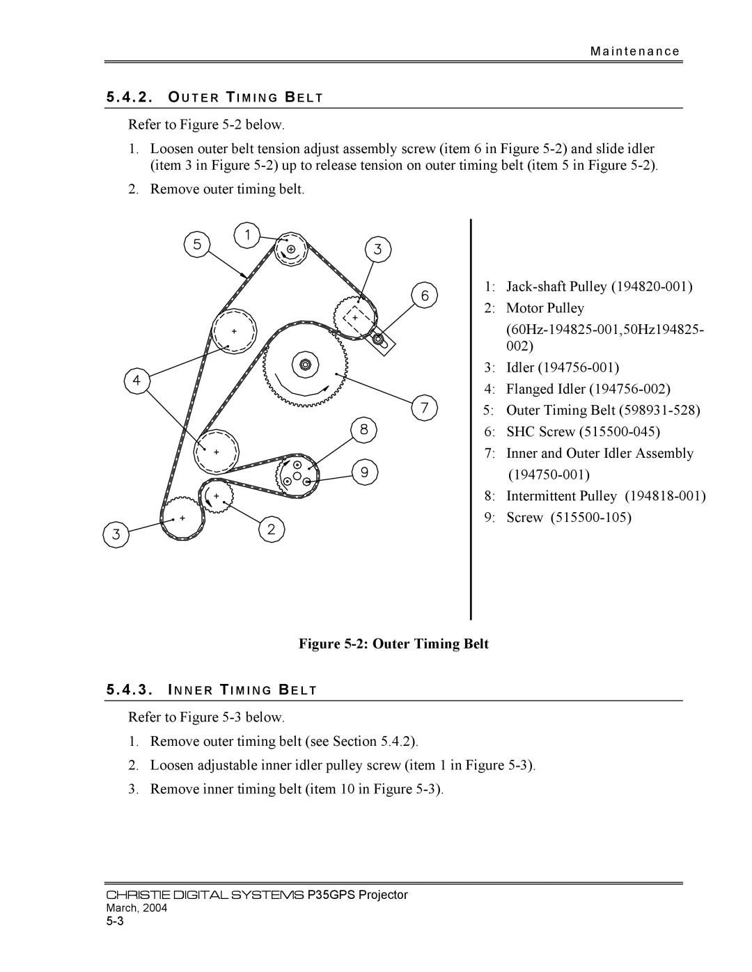 Christie Digital Systems P35GPS-MT, P35GPS-AT operating instructions Outer Timing Belt 