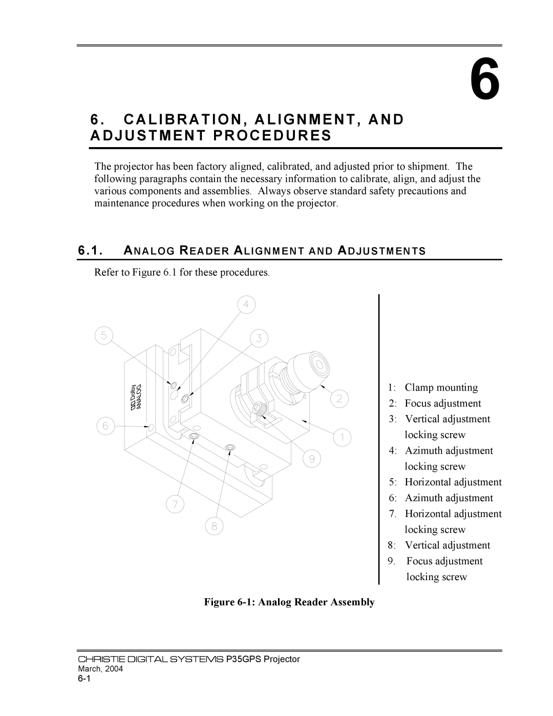 Christie Digital Systems P35GPS-MT, P35GPS-AT CALIBRATION, ALIGNMENT, and Adjustment Procedures, Analog Reader Assembly 