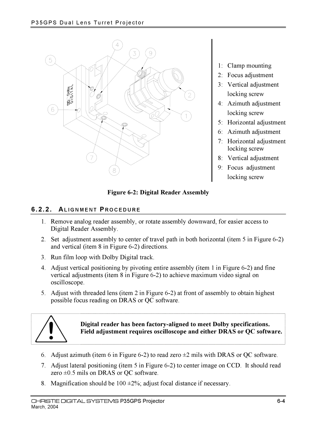 Christie Digital Systems P35GPS-AT, P35GPS-MT operating instructions Digital Reader Assembly 