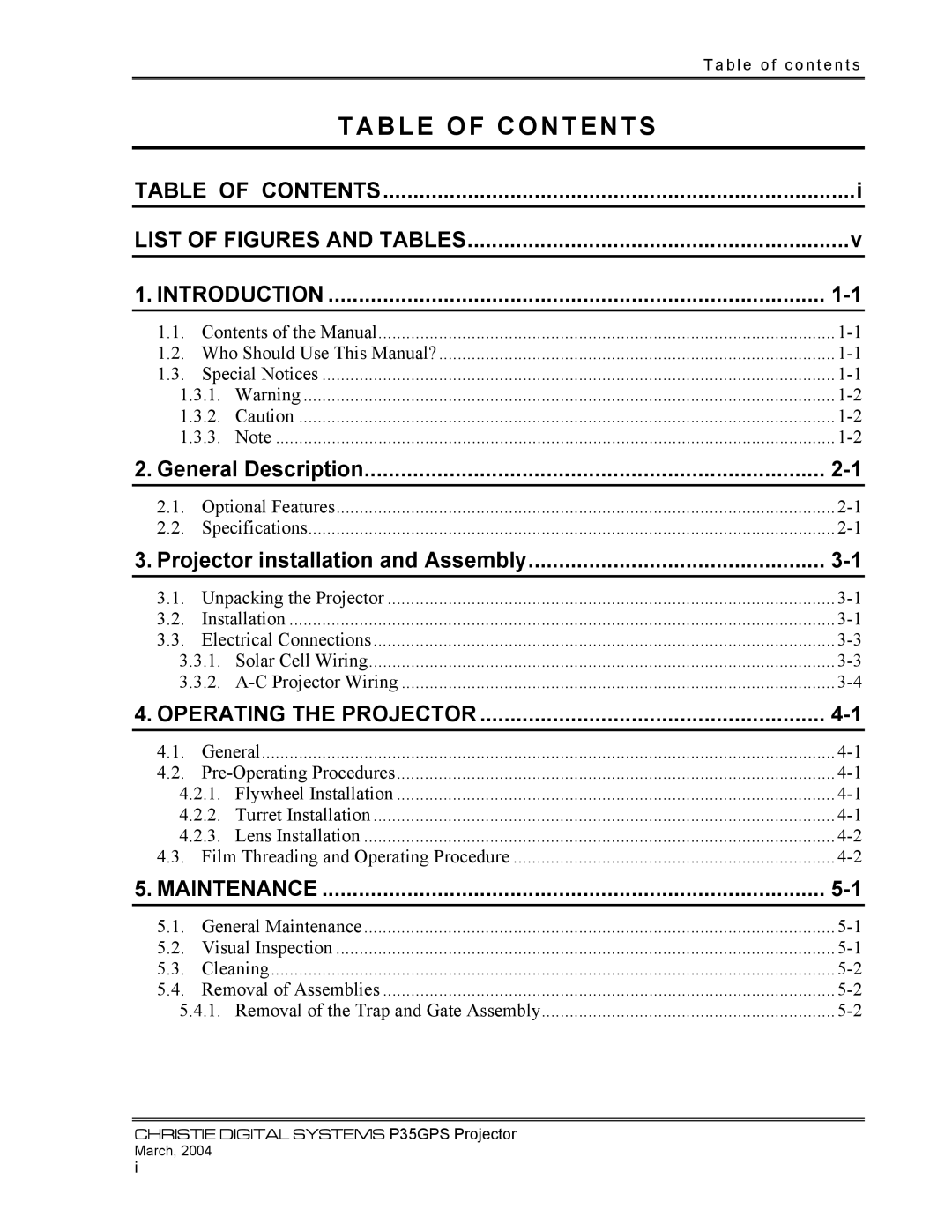 Christie Digital Systems P35GPS-MT, P35GPS-AT operating instructions Table of Contents 