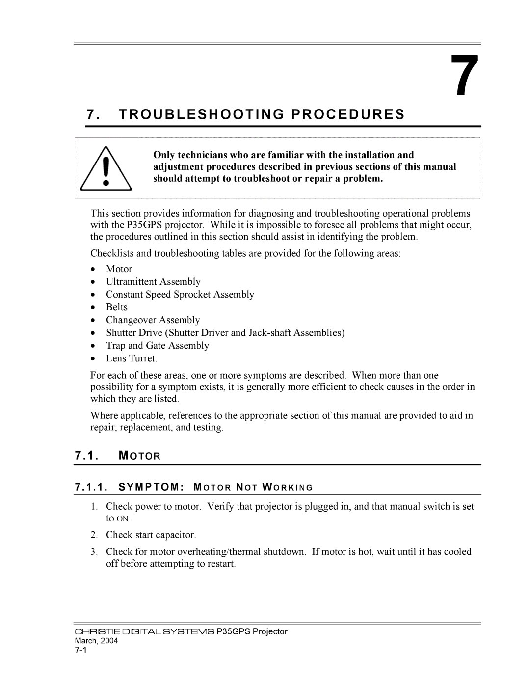 Christie Digital Systems P35GPS-MT, P35GPS-AT Troubleshooting Procedures, Symptom M O T O R N O T W O R K I N G 