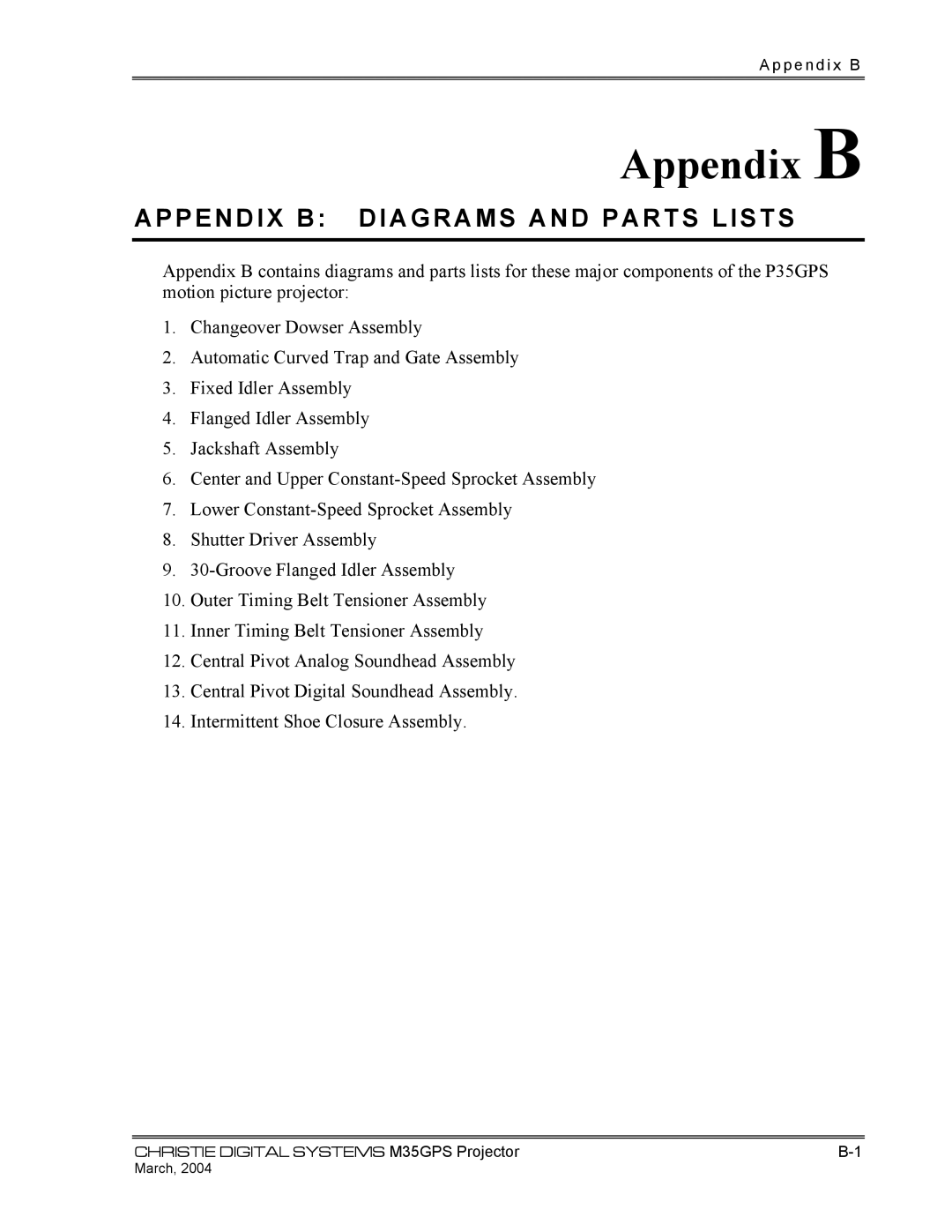 Christie Digital Systems P35GPS-MT, P35GPS-AT operating instructions Appendix B Diagrams and Parts Lists 