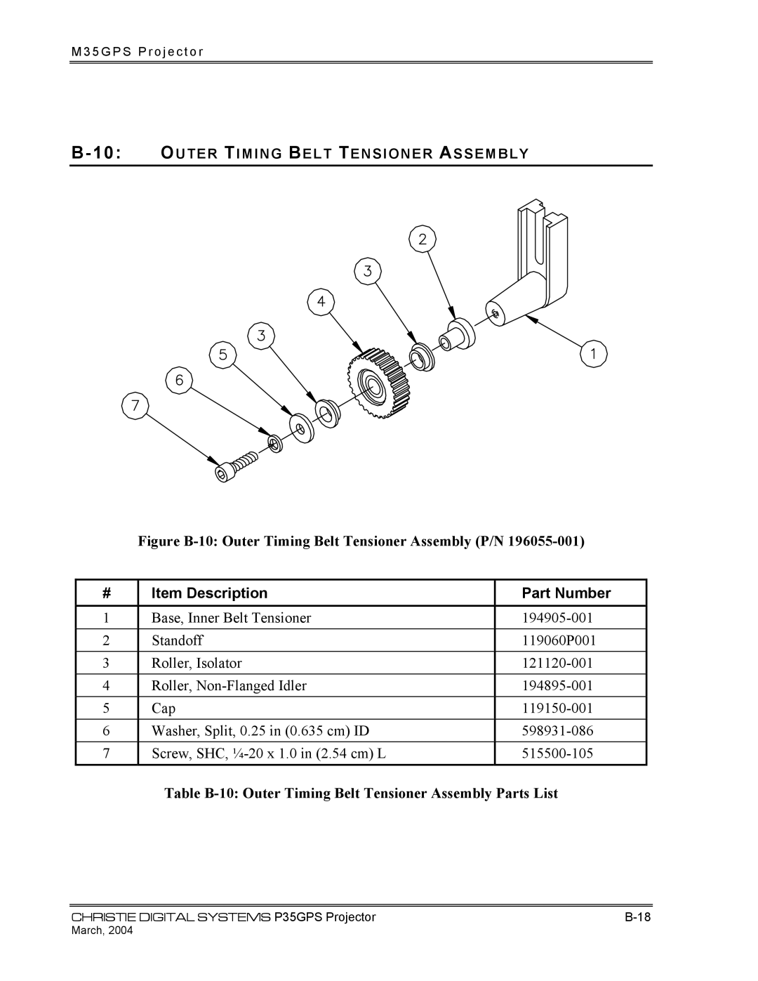 Christie Digital Systems P35GPS-AT, P35GPS-MT operating instructions Figure B-10 Outer Timing Belt Tensioner Assembly P/N 