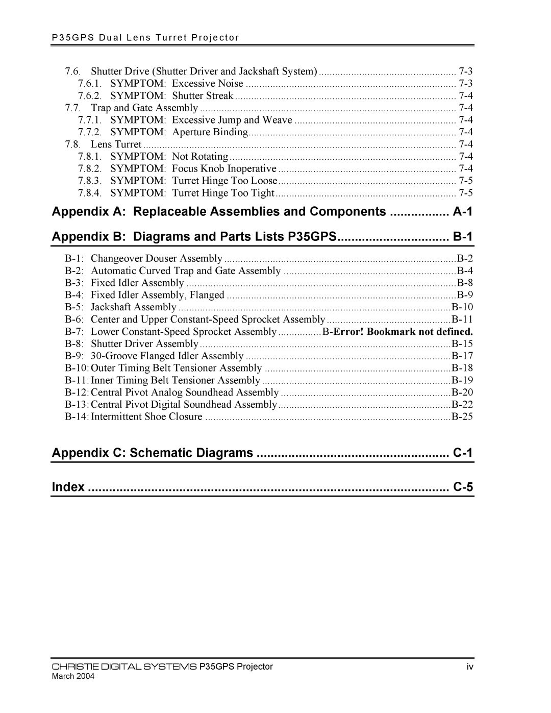 Christie Digital Systems P35GPS-AT, P35GPS-MT operating instructions Error! Bookmark not defined 