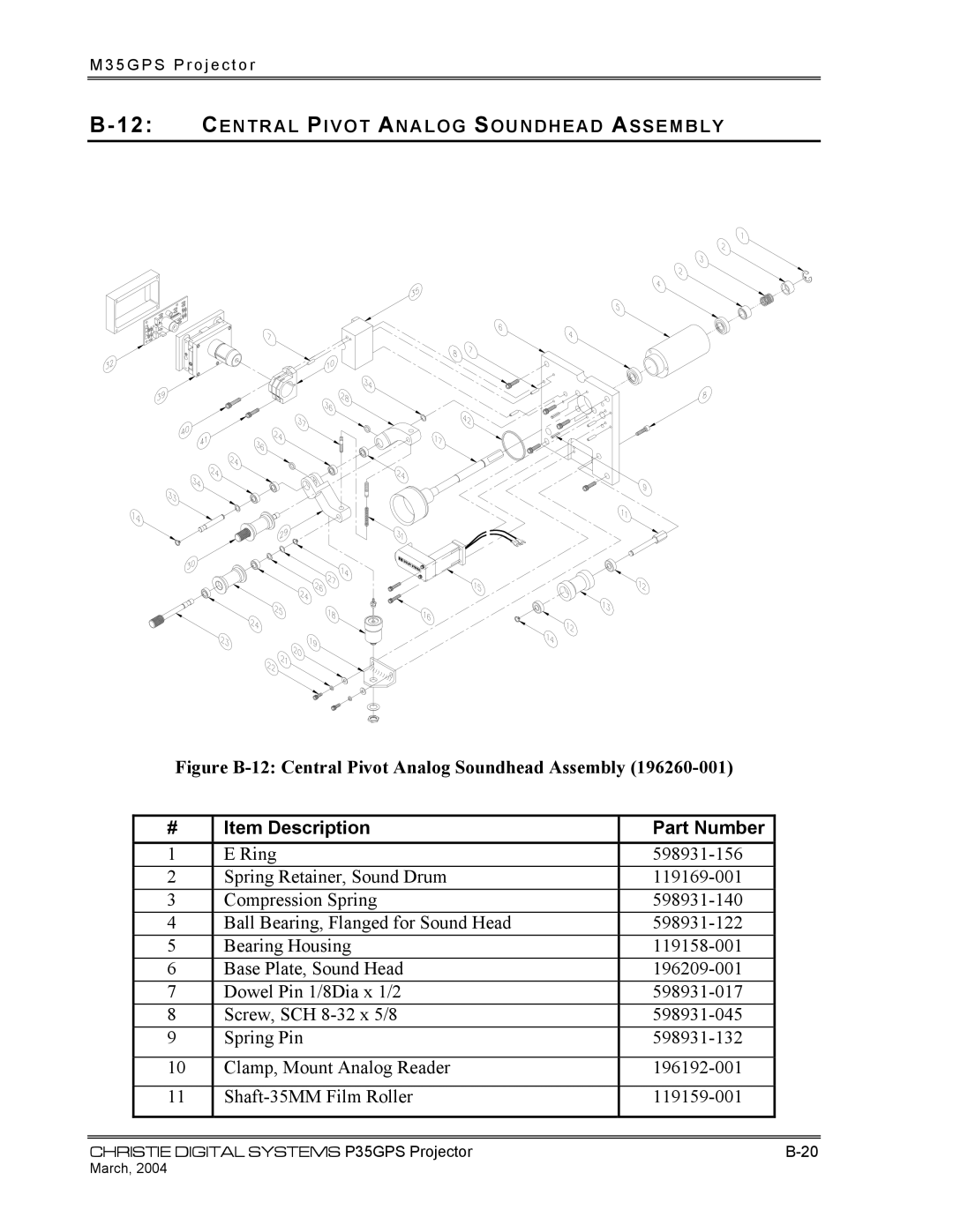 Christie Digital Systems P35GPS-AT, P35GPS-MT operating instructions Figure B-12 Central Pivot Analog Soundhead Assembly 