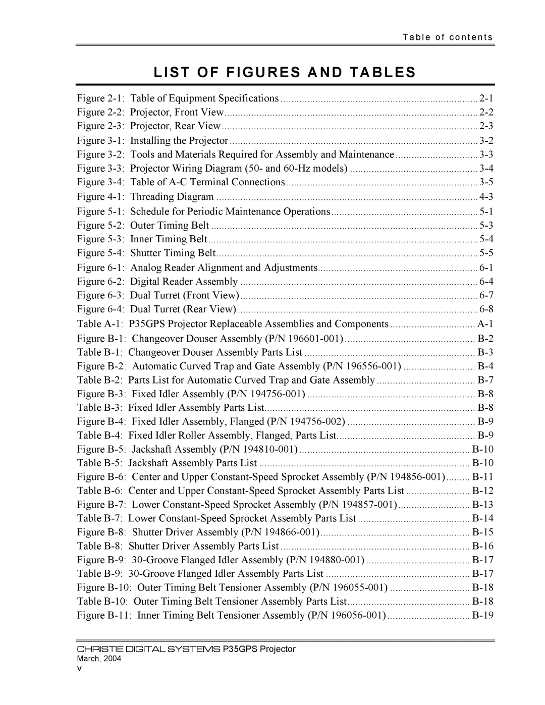 Christie Digital Systems P35GPS-MT, P35GPS-AT List of Figures and Tables, Table of Equipment Specifications 