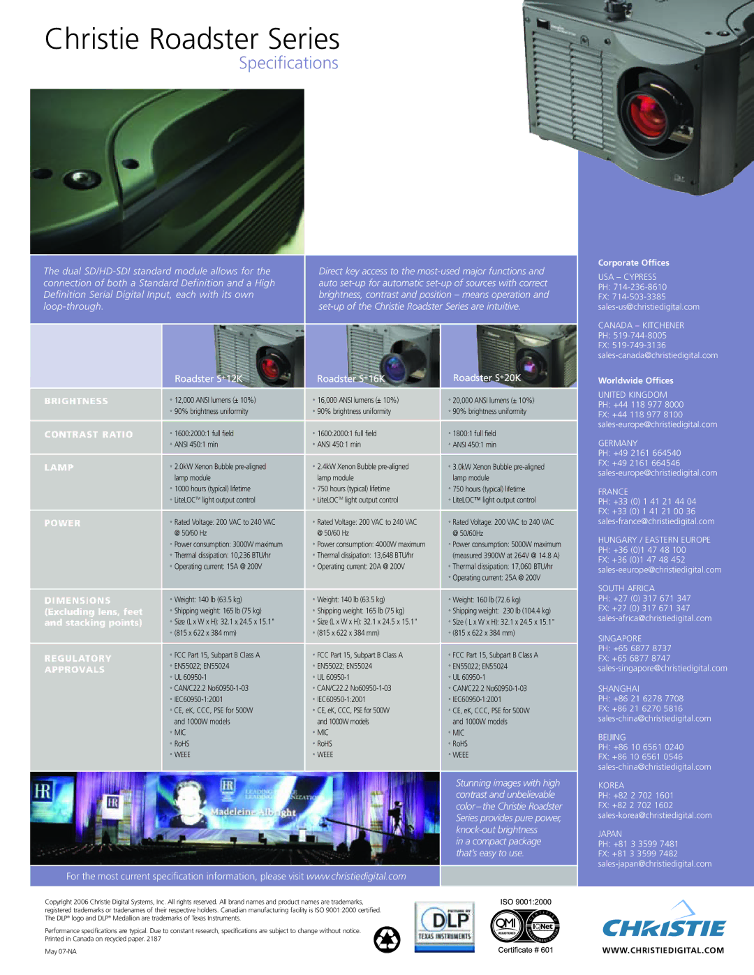 Christie Digital Systems manual Christie Roadster Series, Specifications 