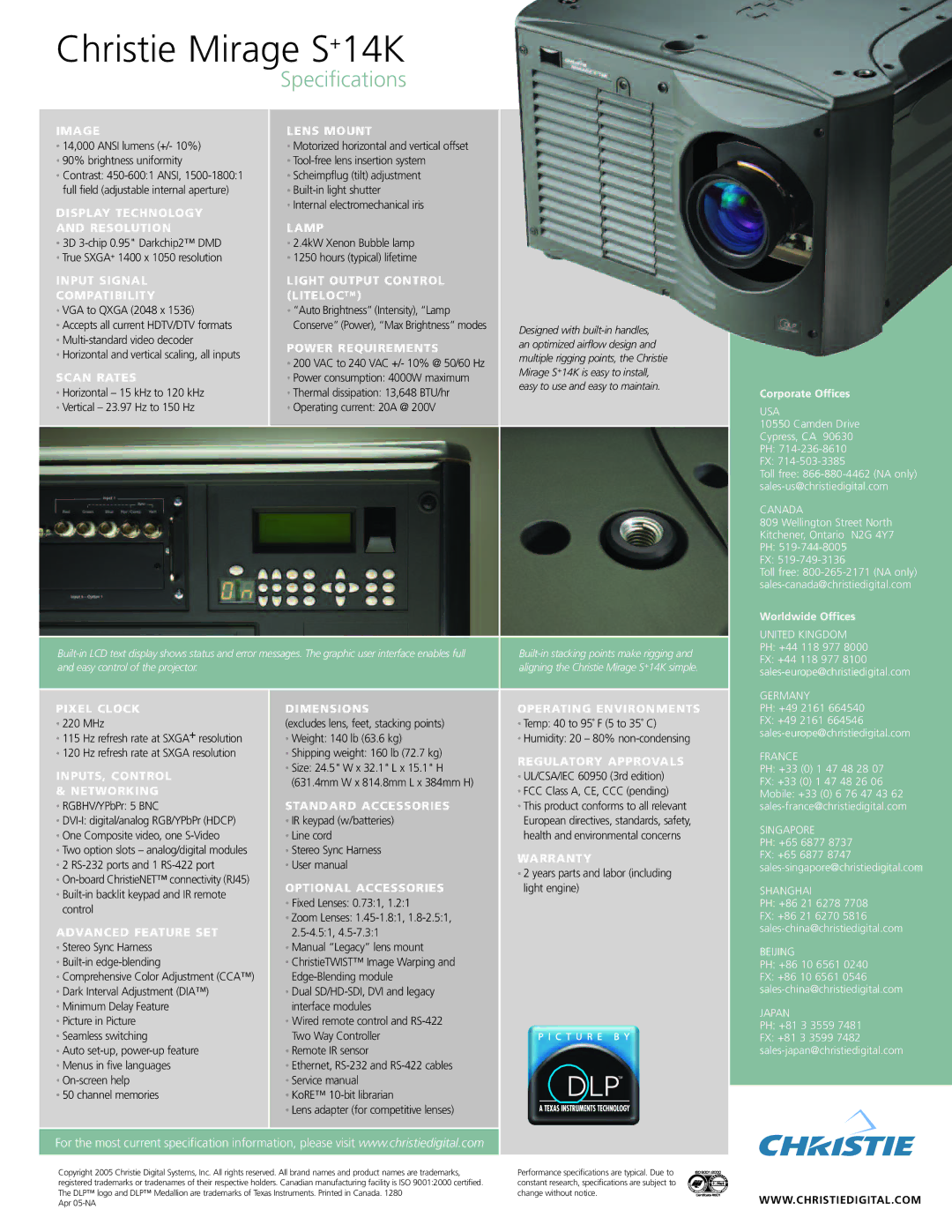 Christie Digital Systems S+14K manual Image Lens Mount, Display Technology, Resolution Lamp, Power Requirements, Scan Rates 