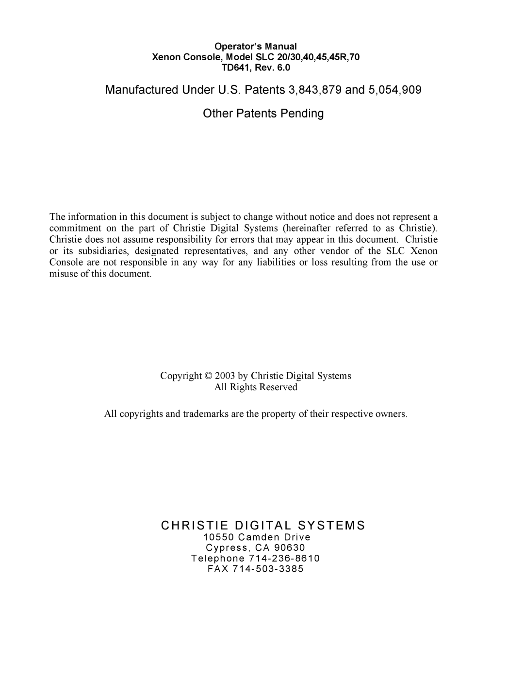 Christie Digital Systems XENON CONSOLE manual Christie Digital Systems 