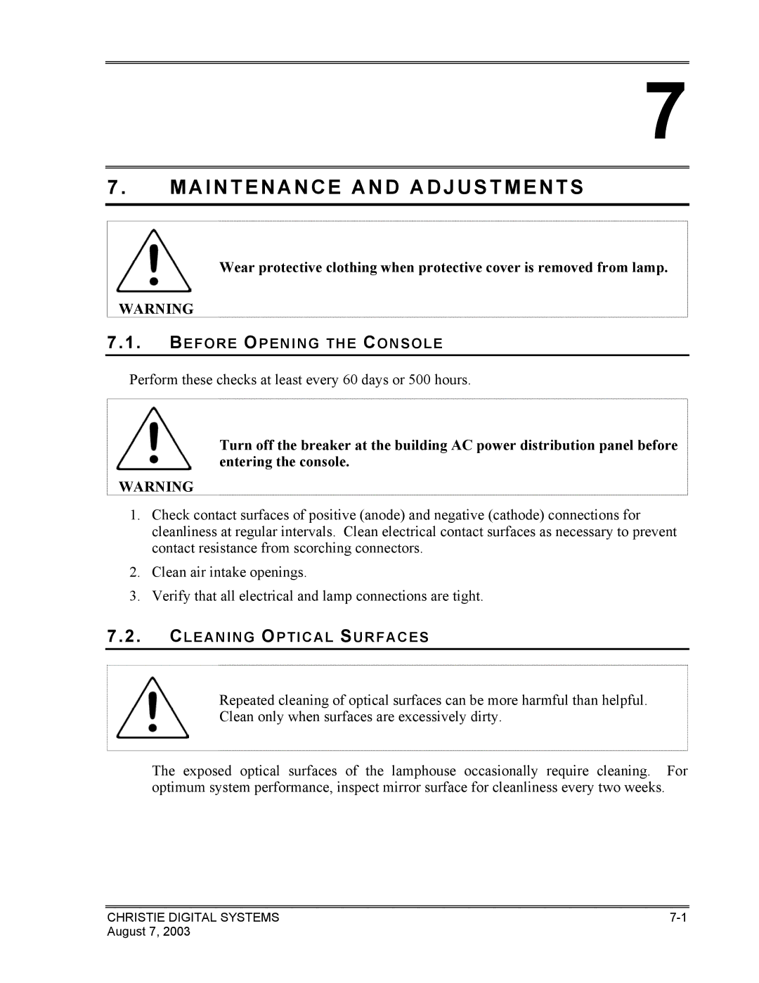 Christie Digital Systems XENON CONSOLE manual Maintenance and Adjustments 