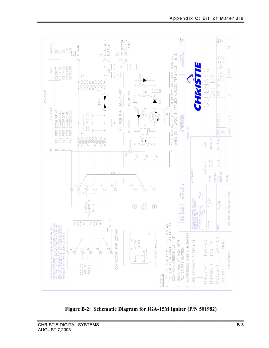 Christie Digital Systems XENON CONSOLE manual Figure B-2 Schematic Diagram for IGA-15M Igniter P/N 