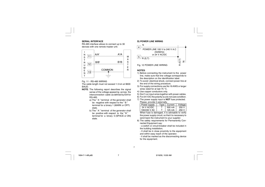 Chromalox 1604-7 user manual Serial Interface, Power Line Wiring 