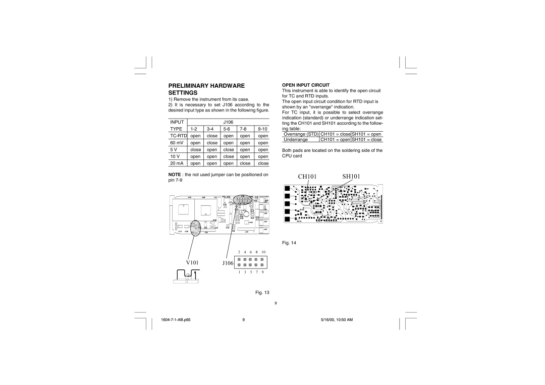 Chromalox 1604-7 user manual Preliminary Hardware Settings, Type TC-RTD, Open Input Circuit 