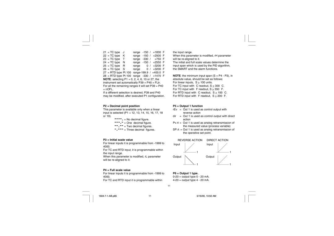 Chromalox 1604-7 P2 = Decimal point position, P3 = Initial scale value, P4 = Full scale value, P5 = Output 1 function 