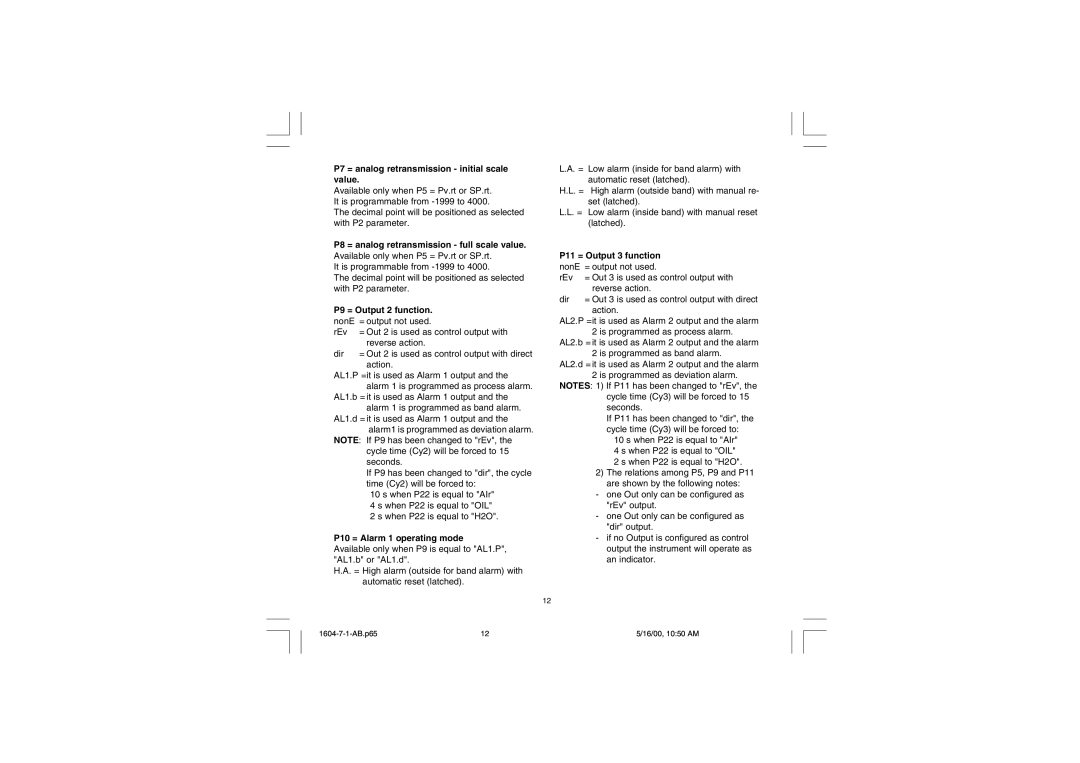 Chromalox 1604-7 user manual P7 = analog retransmission initial scale value, P8 = analog retransmission full scale value 