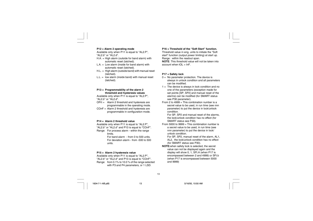 Chromalox 1604-7 user manual P12 = Alarm 2 operating mode, P14 = Alarm 2 threshold value, P15 = Alarm 2 hysteresis value 