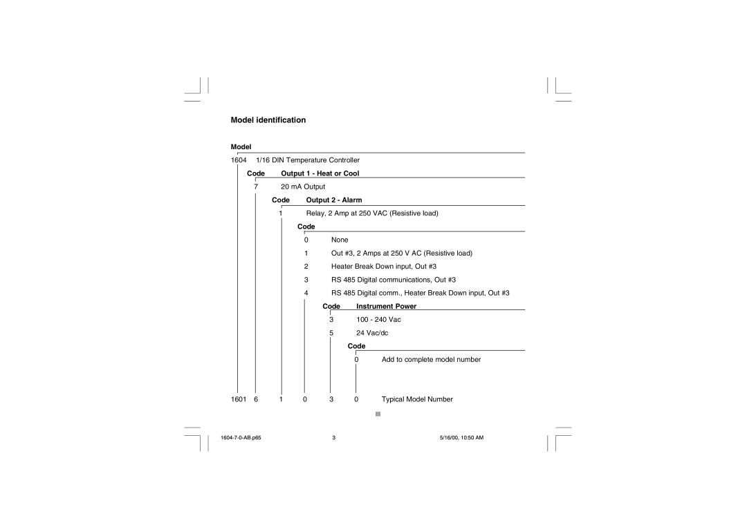 Chromalox 1604-7 user manual Model identification, Iii 