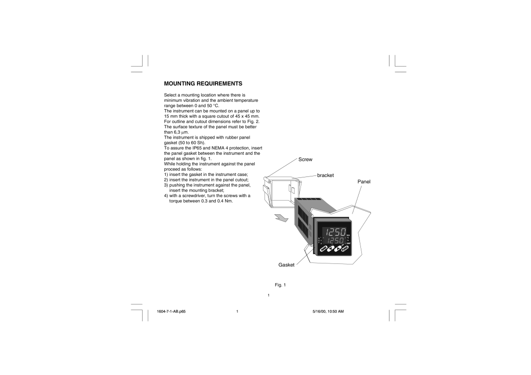 Chromalox 1604-7 user manual Mounting Requirements, Screw 