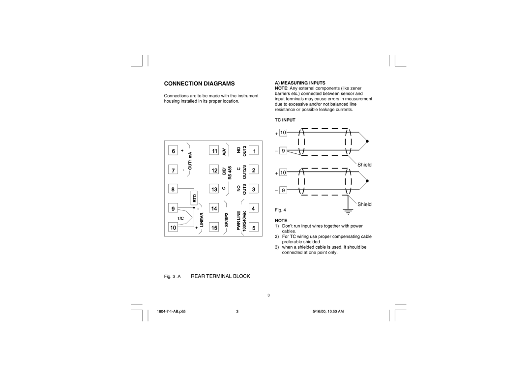 Chromalox 1604-7 user manual Connection Diagrams, Measuring Inputs TC Input 